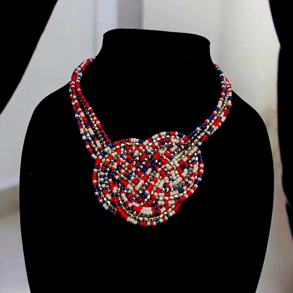 Multi-strand Seed Bead Patriotic Pretzel Knot Necklace